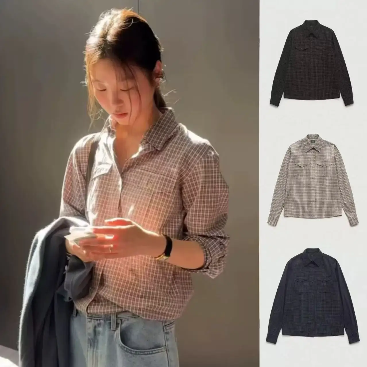 

Barnet Women's Plaid irt Casual Loose Long Sve Turn-down Collar ket Detail Vintage Sle Mid-length Top