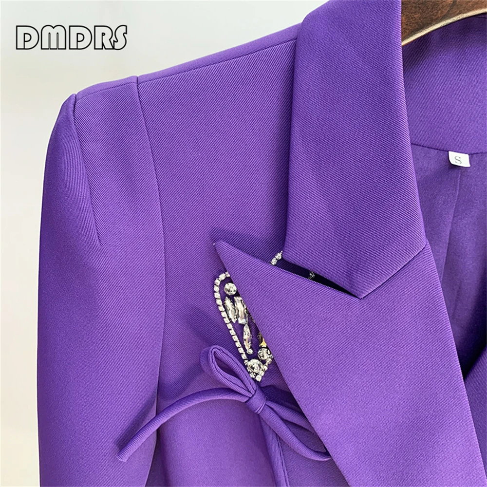 Veste courte imbibée pour femme, bouton diamant en forme de coeur, manteau blazer violet à la mode, tenue de fête, en stock, automne