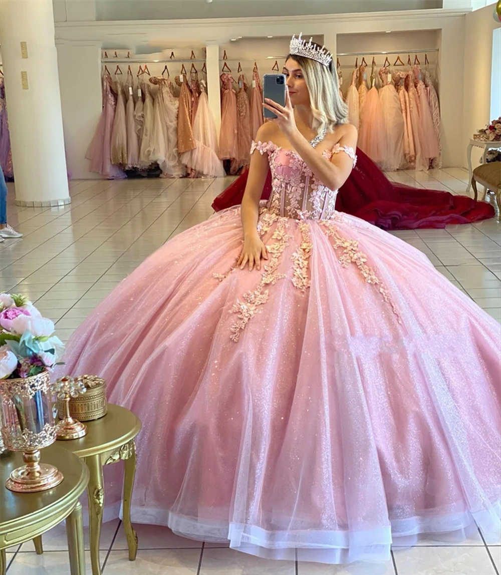 Msikoods abito formale rosa con spalle scoperte abiti Quinceanera fiori 3D abito da ballo festa serale Sweet 16 Vestidos De 15 A?os