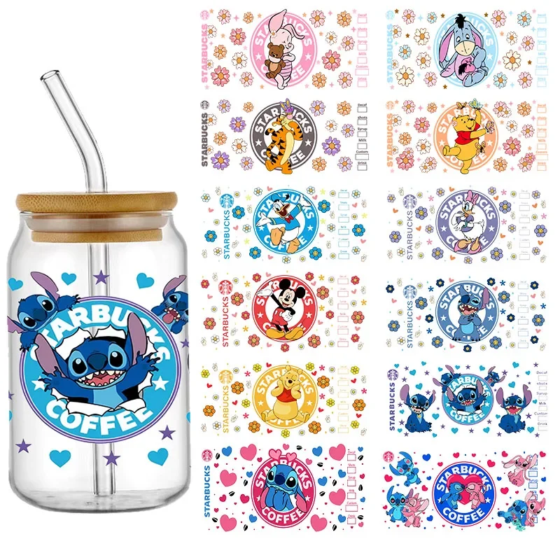 Disney Mickey Stitch Winnie UV DTF Cup Wrap For 16OZ Glass Libbey Can Self-adhesive Waterproof Transfer Stickers Custom Decals