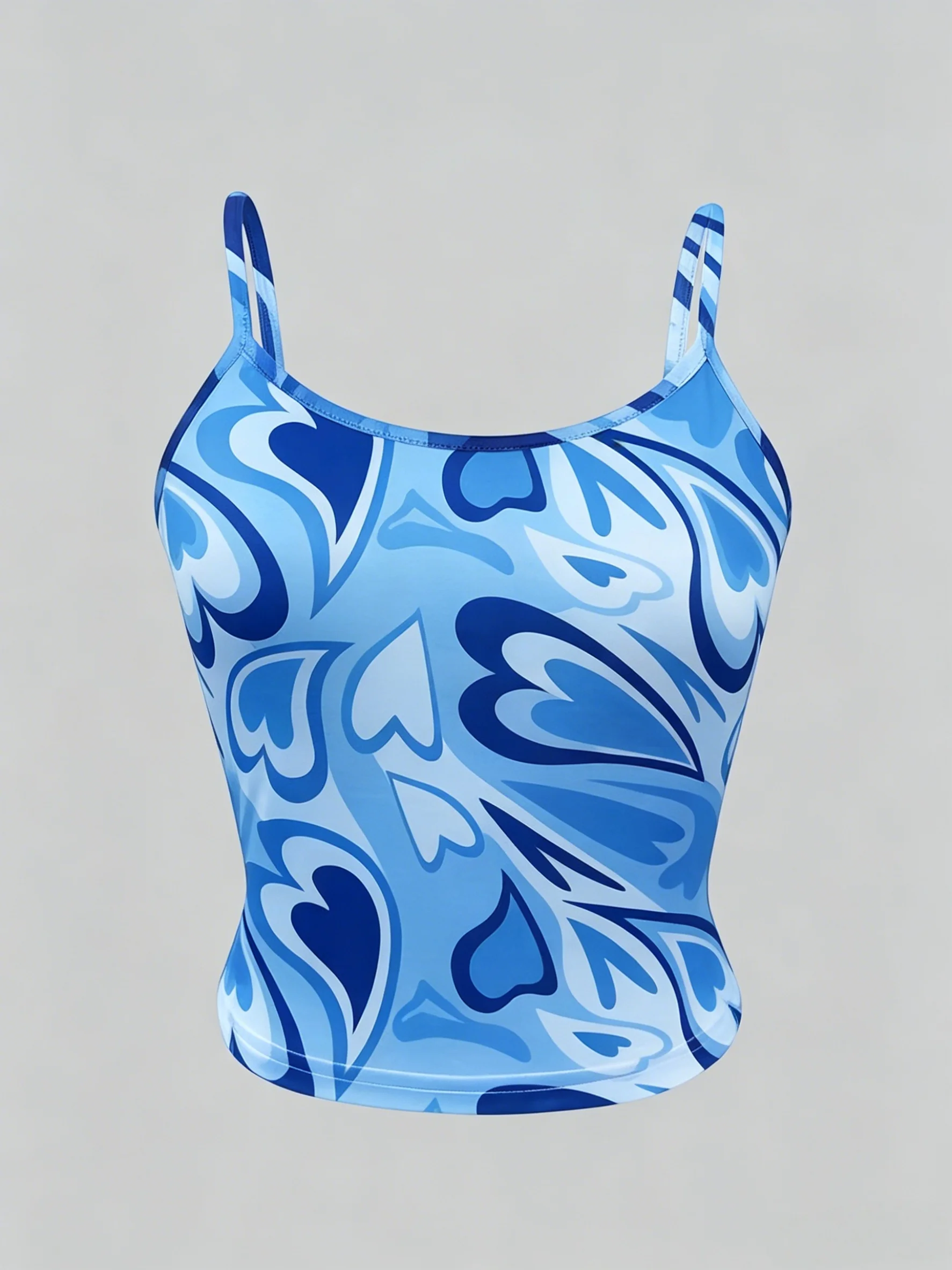 Women Blue Heart Print Spaghetti Strap Cami Top Casual Slim Fit Sleeveless Form Fitting Camisole For Daily Wear & Summer Streetw