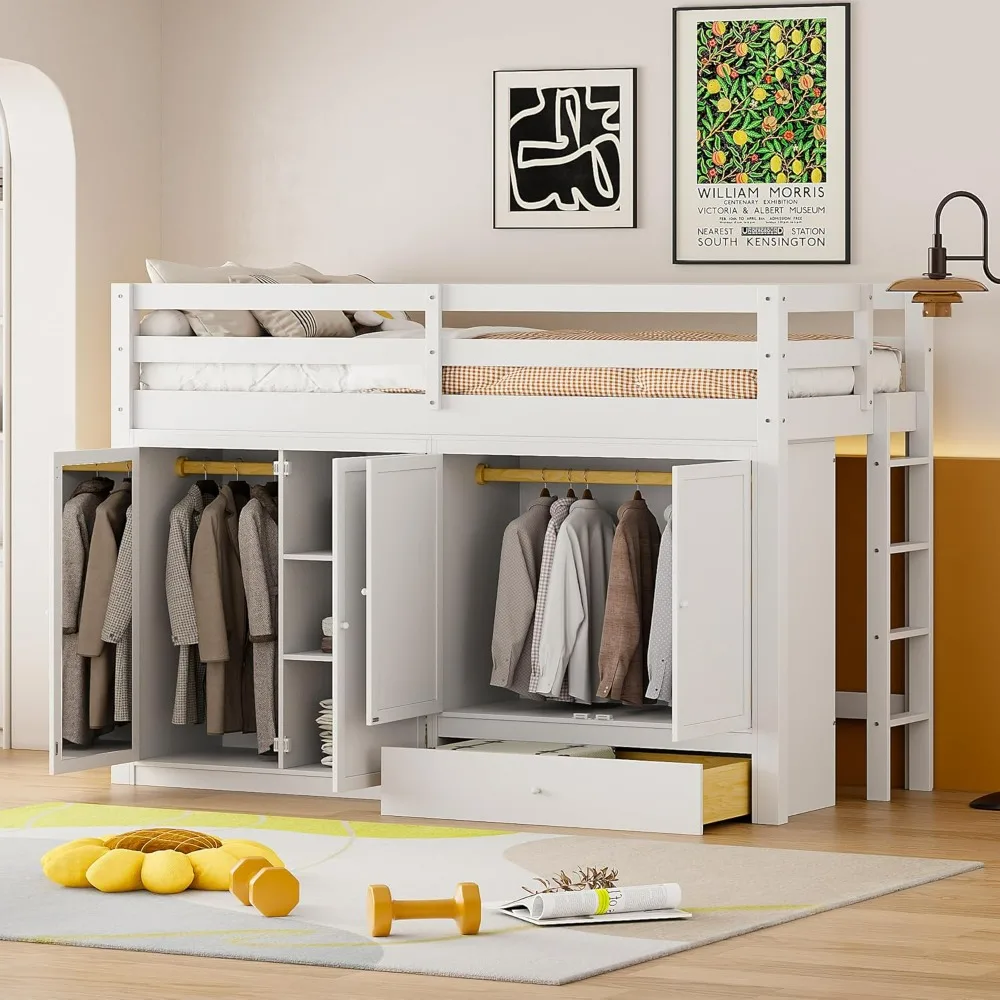 

Twin Size Loft Bed with 2 Wardrobes and Mirror, Twin Loft Bed Frame with Storage Drawers, Bedroom, No Box Spring Needed, Beds