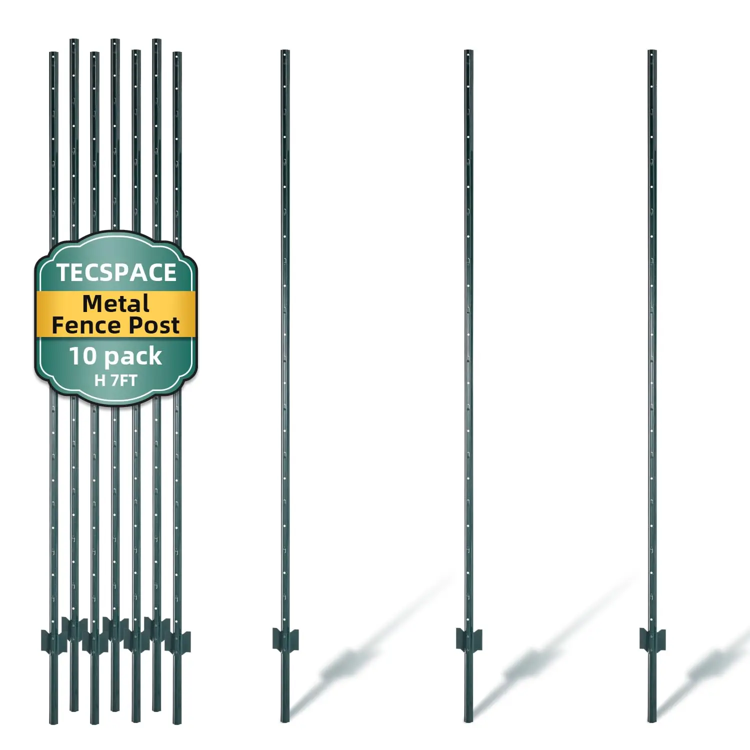 TECSPACE Metal Fence Post, 7 ft Heavy Duty U-Post with Anchor Plate and Adjustable Tabs, Rust-Proof Steel Stakes for