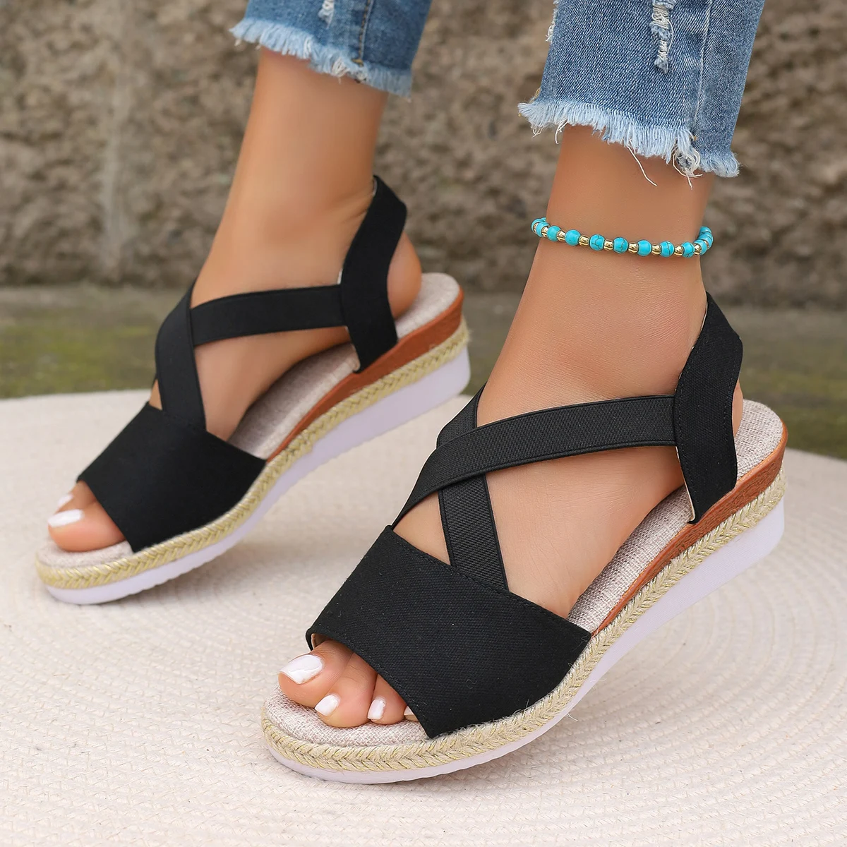 

Women's Solid Color Classic Wedge-heeled Fishmouth Sandals 2025 Summer Trend Casual Roman Style Thick-soled Beach Sandals