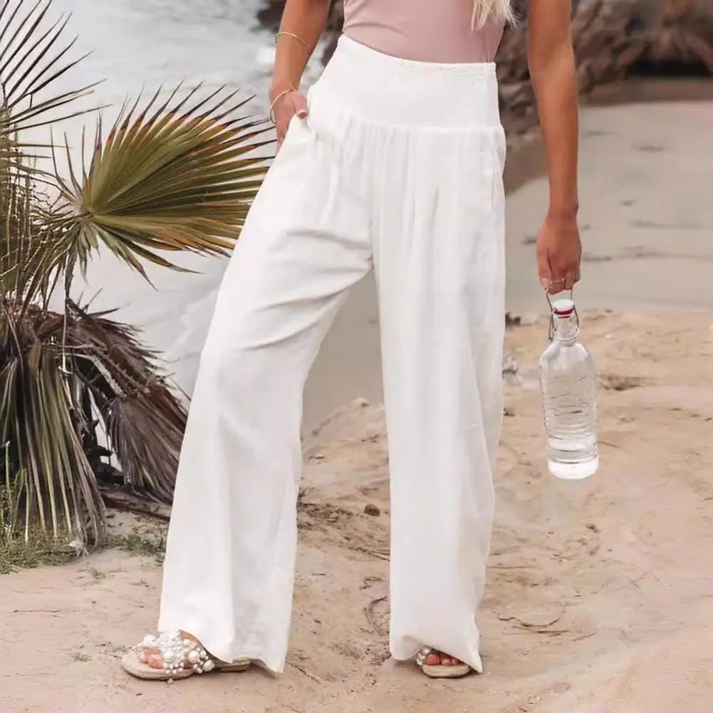 

Casual Wide Leg Trousers Stylish Women's Wide Leg Pants with Elastic Waist Pockets for Casual Spring Summer Wear Versatile Solid