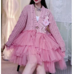 3D Crocheted Flowers Knit Cardigan Dress Mesh Spliced Ruffles Sequined Sweater Coat Multi-layers Patchwork Long Sleeved Knitwear