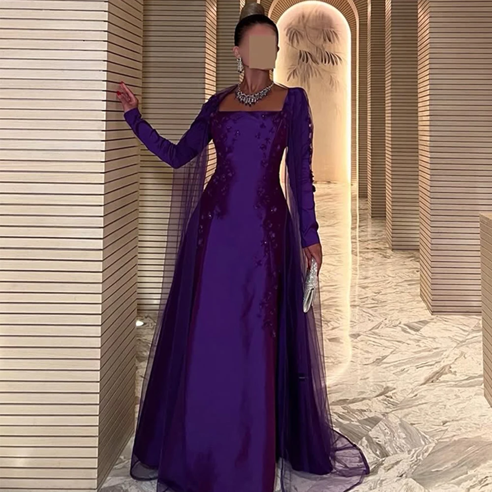 

Delicate Purple Satin Evening Dress Square Collar Long Sleeves Party Dresses Delicate Flowers Customized Special Occasion Gowns