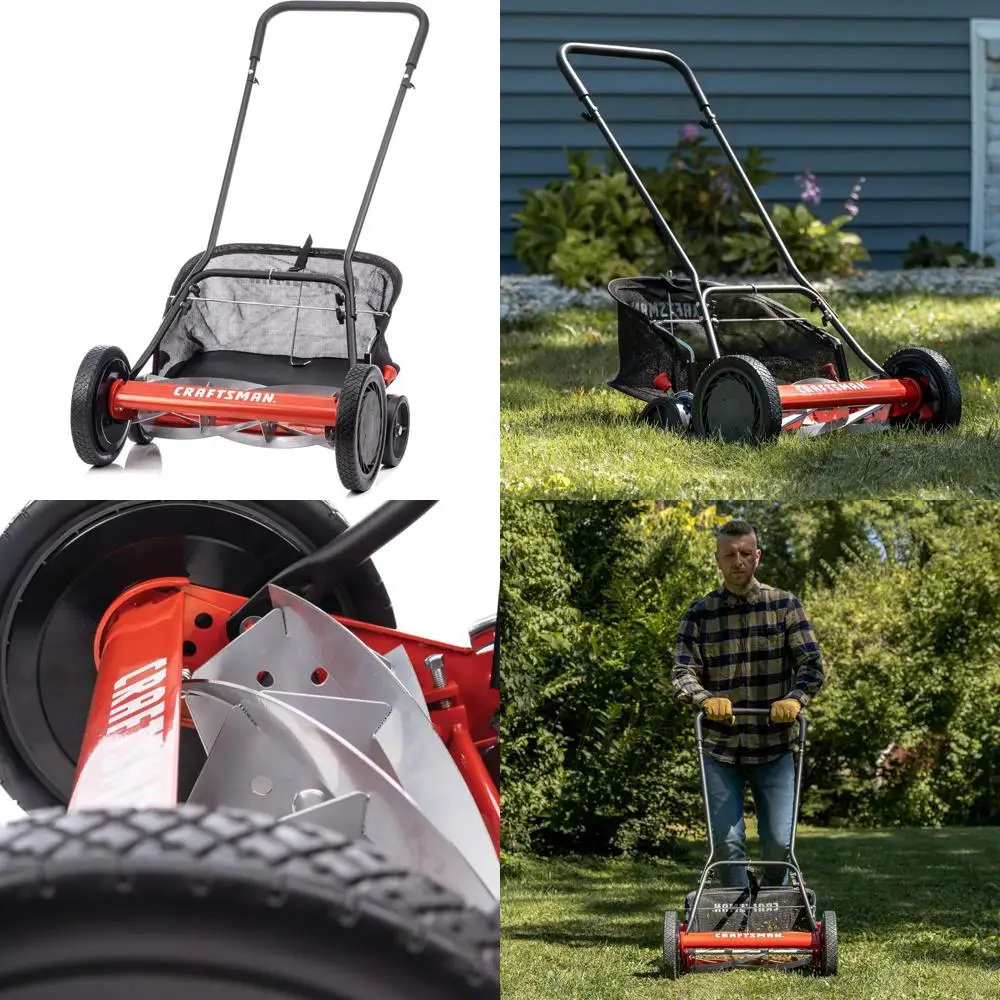

5-Blade 18-Inch Push Reel Lawn Mower with Grass Catcher, Red, High-Quality Cutting for Perfect Lawns
