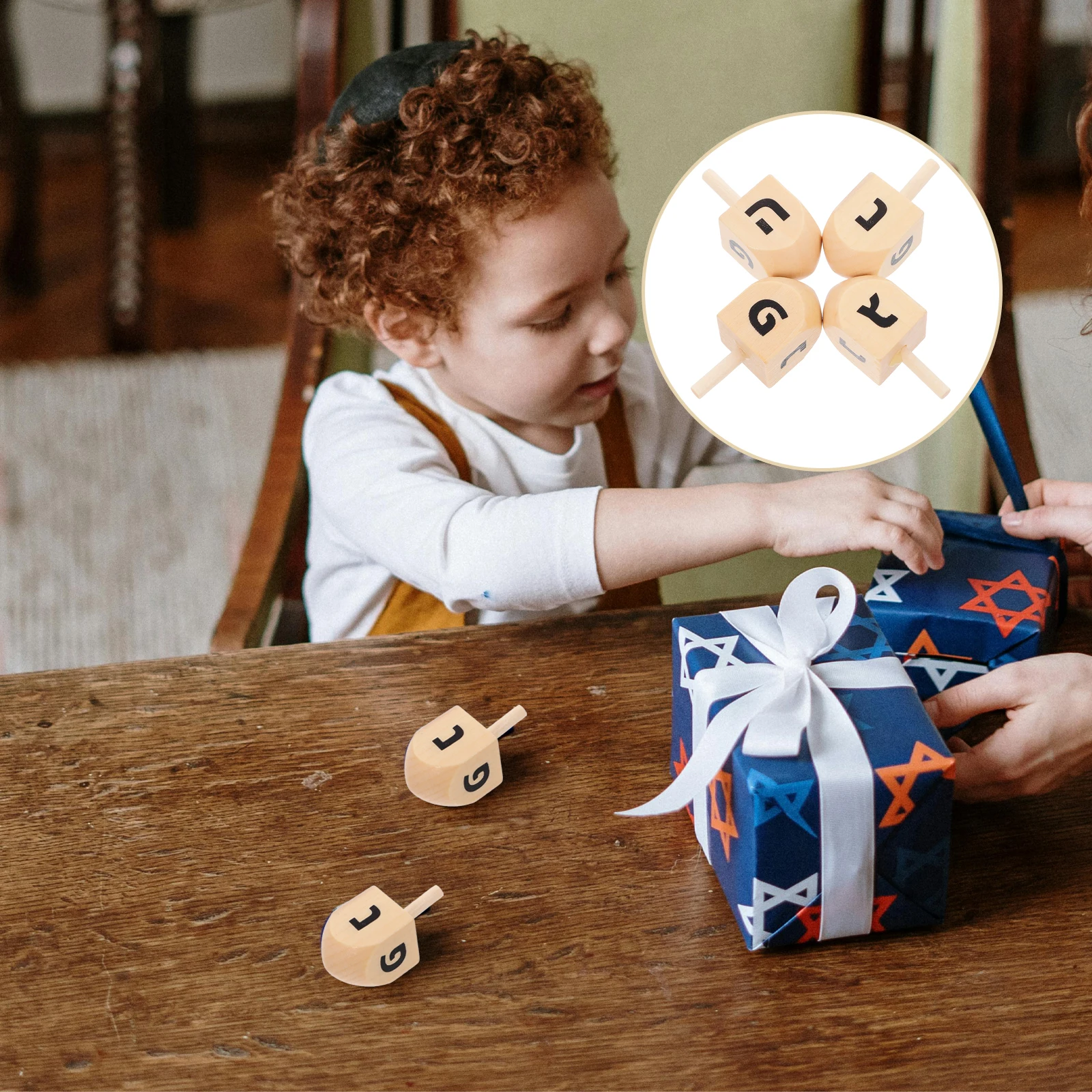 

4 Pcs Wooden Spinning Top Felt Hanukkah Dreidel Gift Ceramic Forever Tops Decor Lotus Tree Party Favors Dreidels