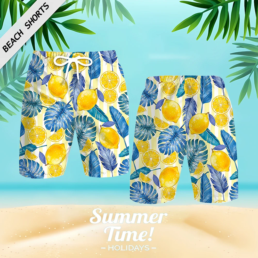 Summer Cool Breathable Beach Shorts Fruit Lemon Graphic Fashion Loose Casual Drawstring Pants Men's Quick Dry Swimming Shorts