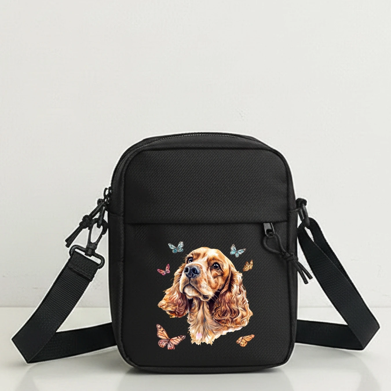 Cute Cocker Spaniel Cartoon Butterfly Crossbody Bag, 2D Printed Shoulder Purse with Removable Strap, Zipper Phone Wallet For