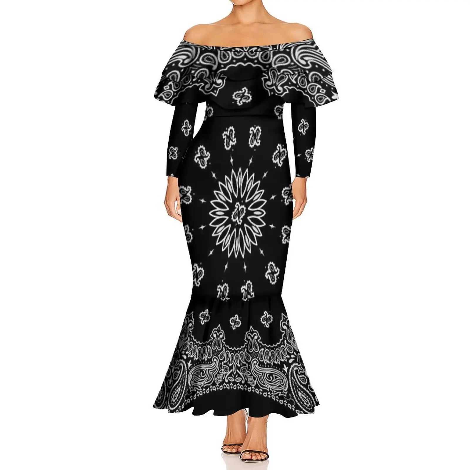 Verão bandana um pescoço de manga comprida dupla camada babados feminino emagrecimento fishtail vestido havaiano vestido personalizado padrão