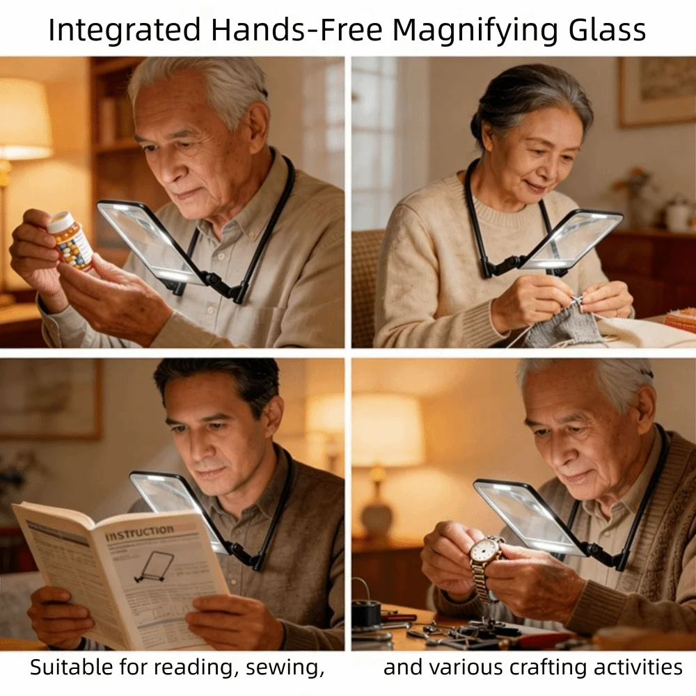 Rechargeable Neck Wear Magnifier 40 LED Adjustable Lighting Reading Magnifying Glass Hands Free USB-C Power