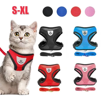 Arnês para cães e gatos com trela de chumbo colete ajustável malha de poliéster respirável arnês reflexivo sti para acessórios para cães pequenos e gatos