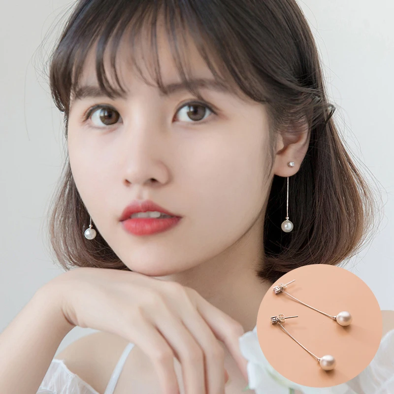 

100% 925 Sterling Silver Pearl Geometric Earrings for Women Girl Zircon Long Tassel Design Jewelry Birthday Gift Dropshipping