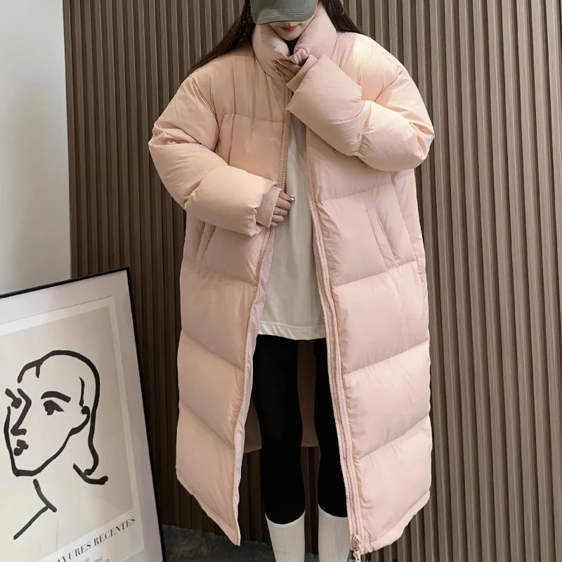 Long Down Jacket with Stand-up Collar for Women, Windproof Thick WarmSimple Casual, Monochromatic, Pocket, Bread Clothes, Winter