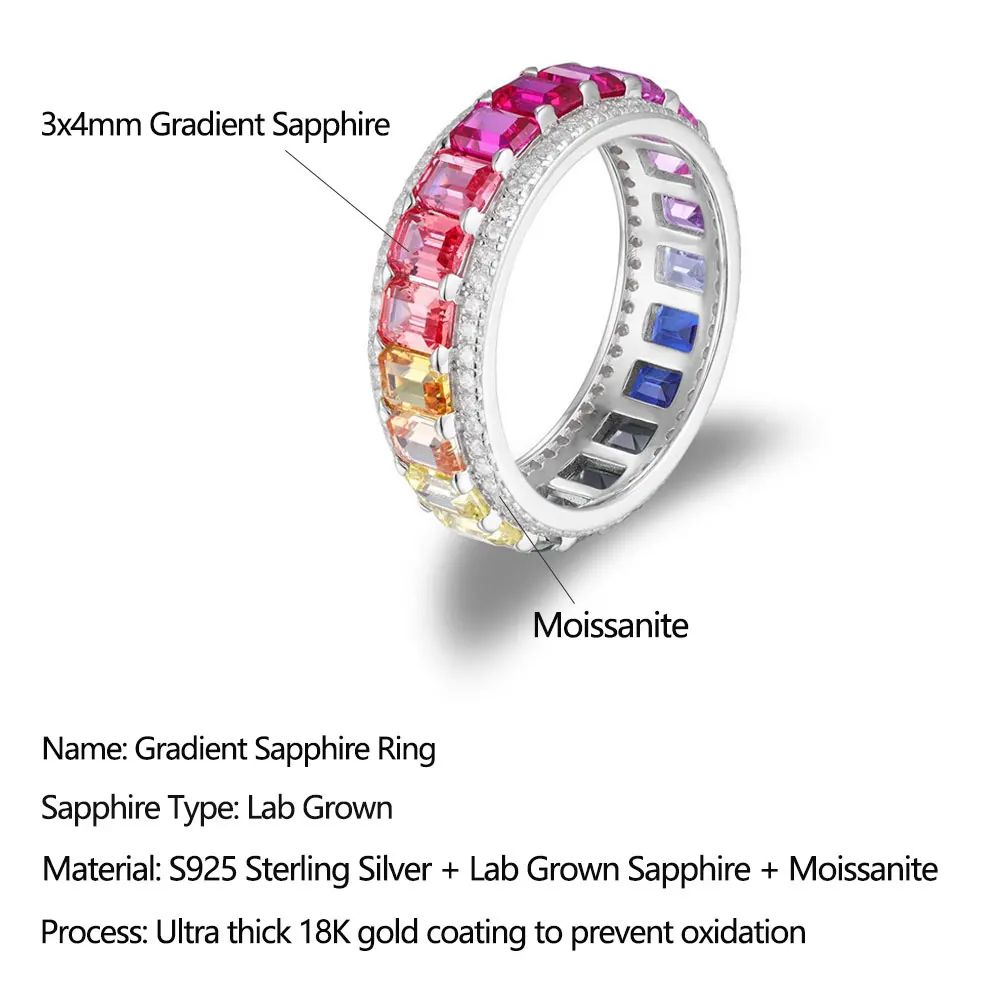 LinkerLove Rainbow Gradient Sapphire Ring for Women 925 Silver Lab Grown Emerald Cut Eternity Wedding Band Pave Moissanite Edges