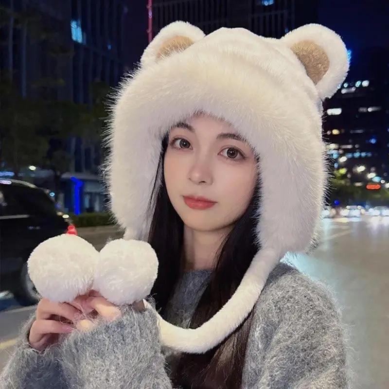 Winter Bear Plush Hat Outdoor Cycling Ear Protection Hat Thickened Warm Hat Casual Fleece Girls Hat Women's Warmth Essentials