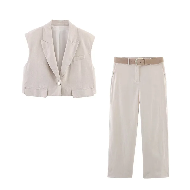 

Women's Suit New Summer 2025 Khaki Sleeveless Cropped Lapel Vest Wide-leg Trousers Set Casual Commuting Personality and Fashion