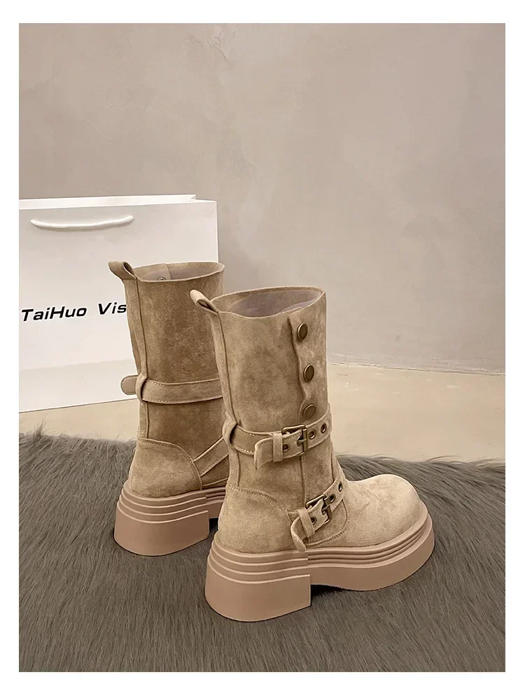 Designer's New Women's Long Boots, Fashionable Height Increasing Outdoor Knight Boots, Retro Waistband Buckle Women's Shoes