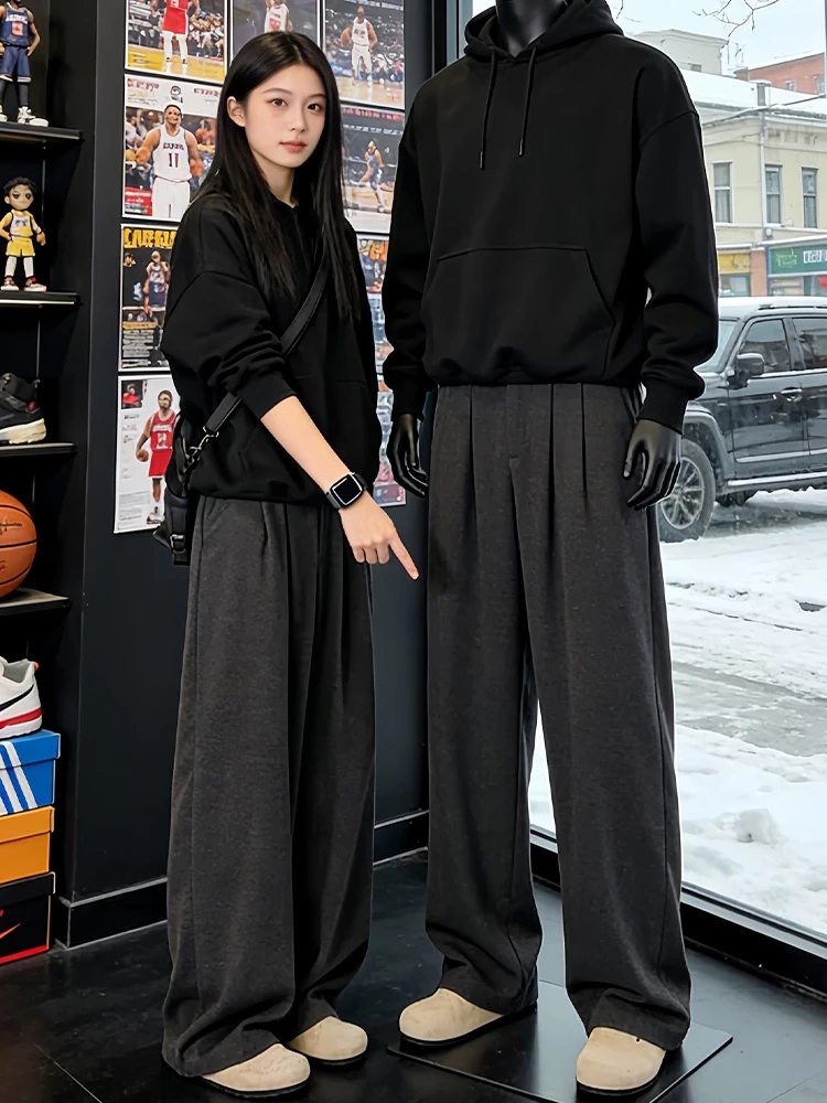 

Men's Woolen Wide Leg Casual Pants Spring Season Drapey Pleated Straight Cut Loose Fit Comfortable High Waist Trousers