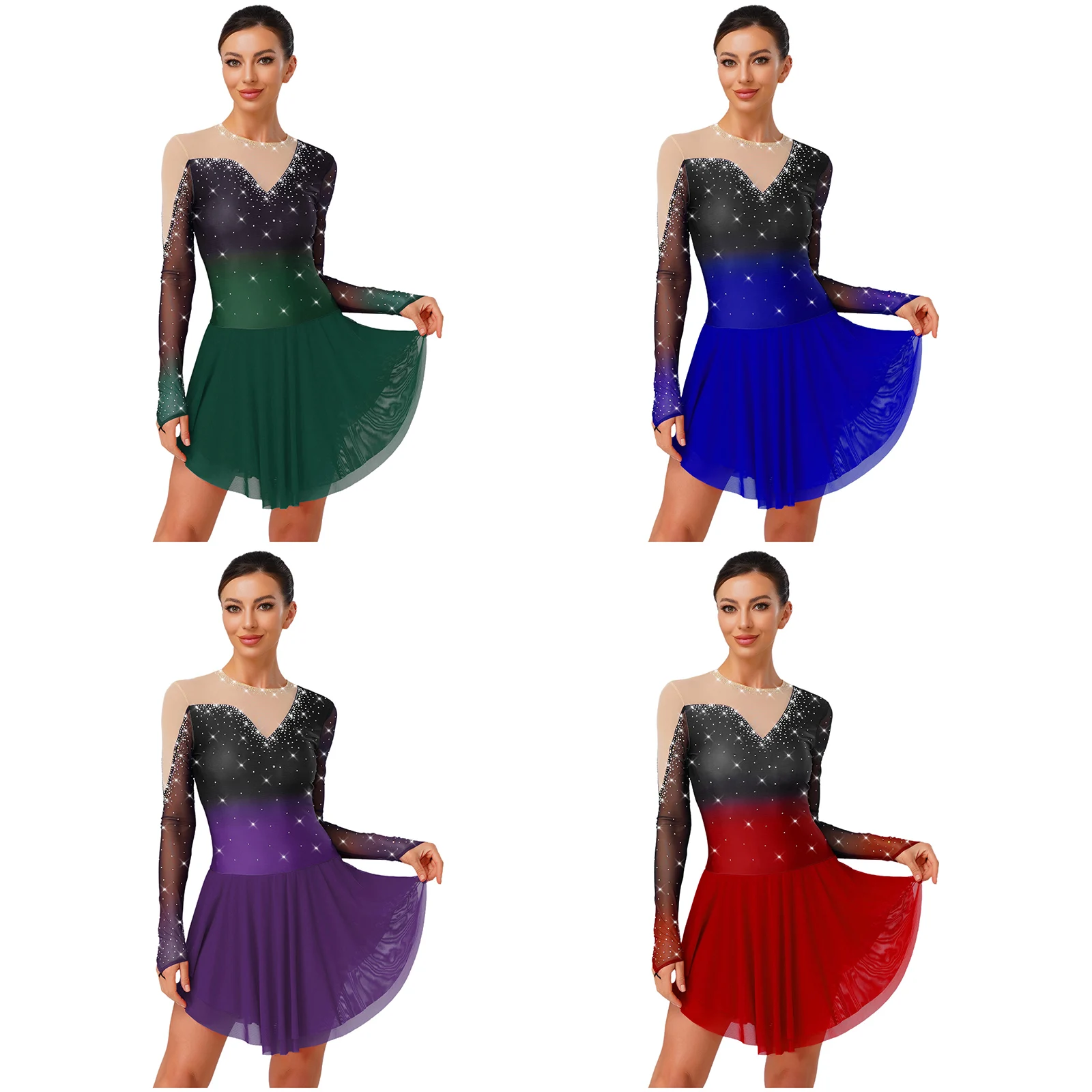 Abito da pattinaggio artistico lirico scintillante da donna, slip incorporati in rete irregolare, abito sfumato, performance di ginnastica, abbigliamento attivo