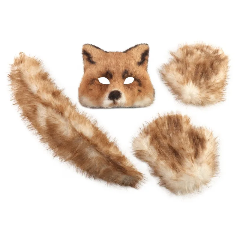 Fluffy Fur Fox Tail Keychain Cat Paws Gloves and Wolf Therian Mask Set for Halloween Cosplay Costume Accessories