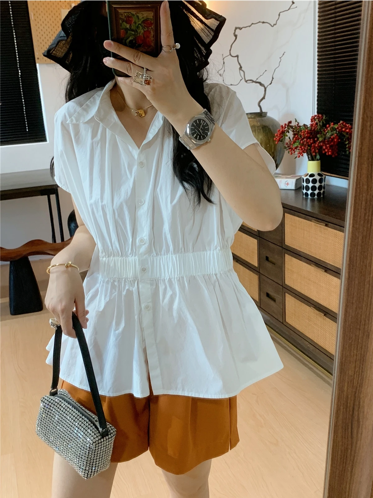 

Ele Waist-Cinching White Cotton irt for Women Slimming ort Sve Loose Fit French Sle Ne Pure Color Top