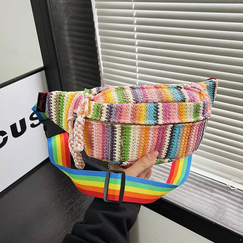 Straw Women's Waist Bag Small Canvas Ladies Shoulder Crossbody Bags for Women Fanny Pack Fashion Phone Female Chest Bag