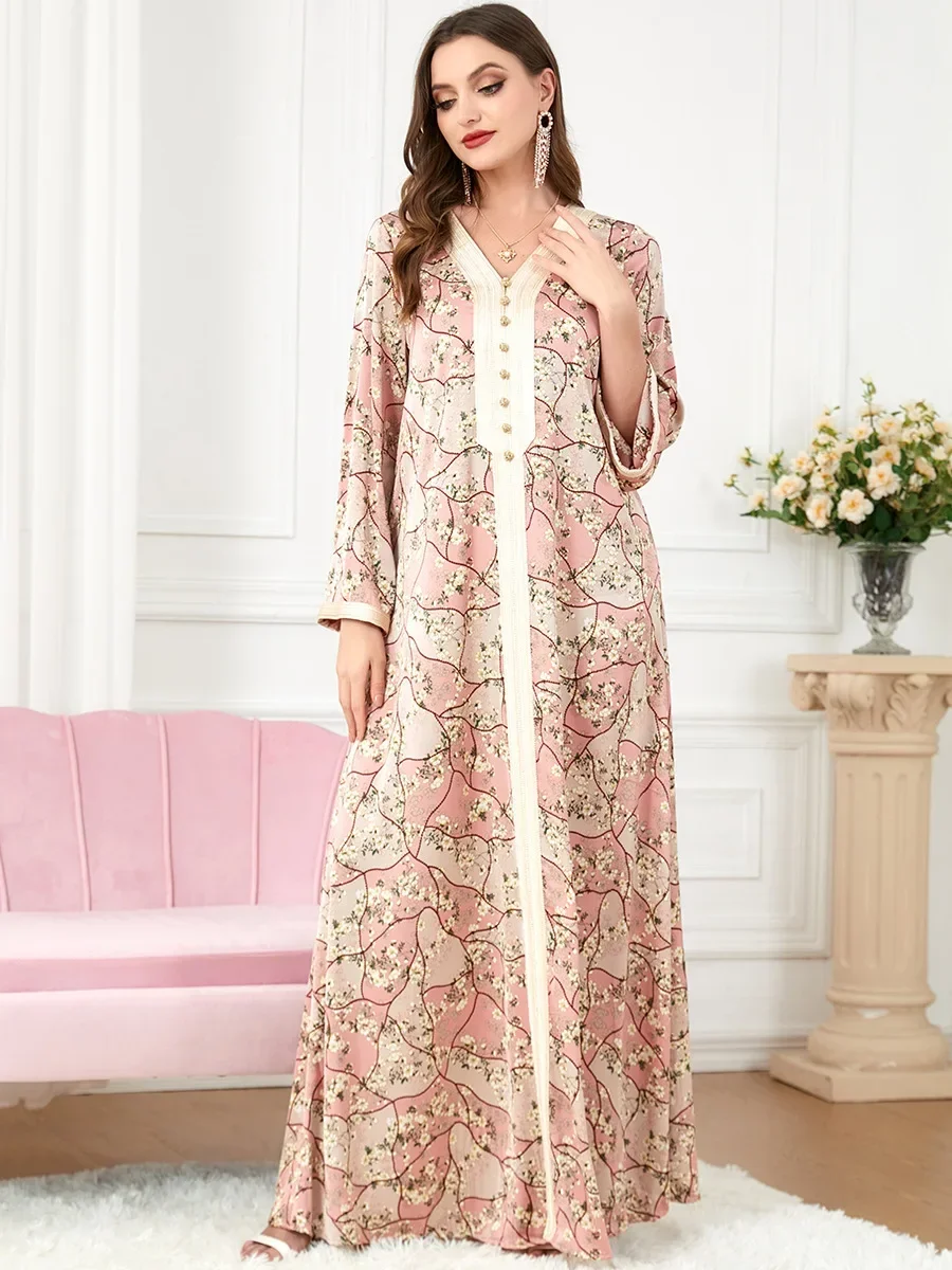 Abaya muçulmano vestido feminino com decote em v jalabiya marrocos vestido de festa abayas vestidos casuais largo robe marroquino caftan ramadan 2026