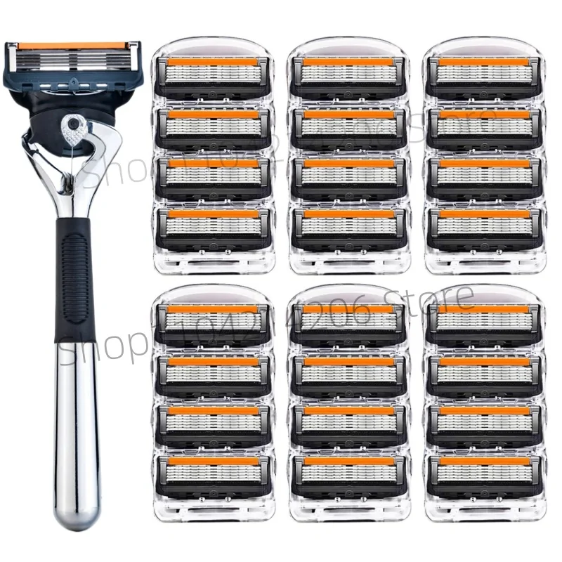 ماكينة حلاقة يدوية للرجال من الفولاذ المقاوم للصدأ، مقبض ماكينة حلاقة مغناطيسي اختياري، شفرات ماكينة حلاقة بخمس طبقات للجسم بالكامل