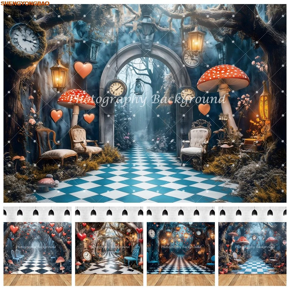 

Wonderland Birthday Party Photography Backdrop Fairy Tale Mushroom Clock Baby Kids Portrait Photo Background Photostudio Props