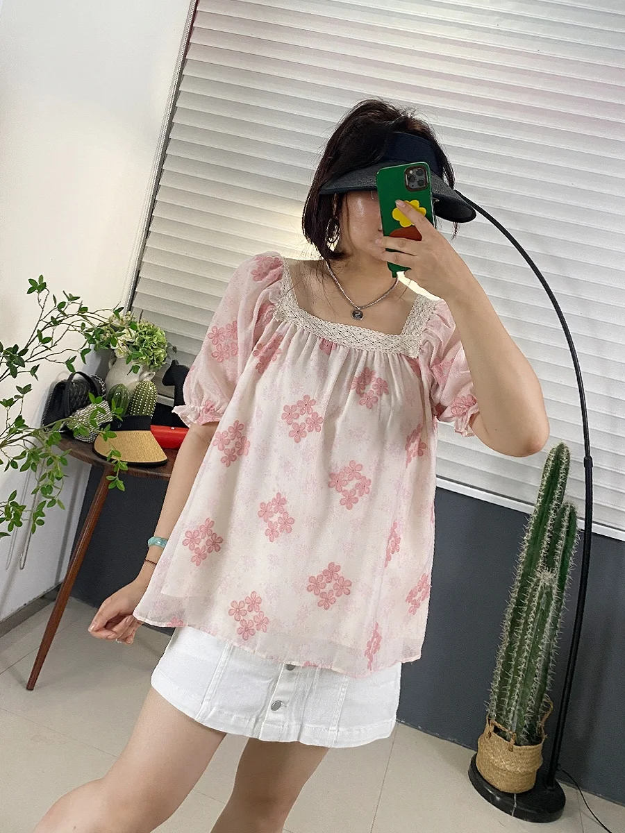 

Loose Fit Floral Print Chiffon Top f Sve Square Collar T-irt Women's plus Size Faion French Sle Bubble Sve irt