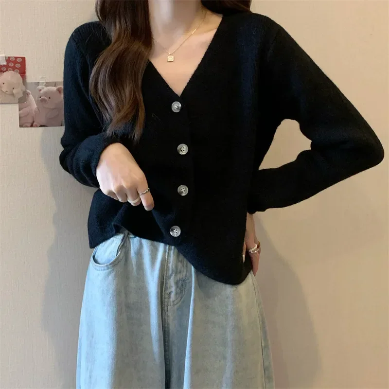 Autumn New Solid Casual Cardigan Woman Sweet Ladies Slim Knitted Cardigan Female Apricot White Black Coffee Korean Top