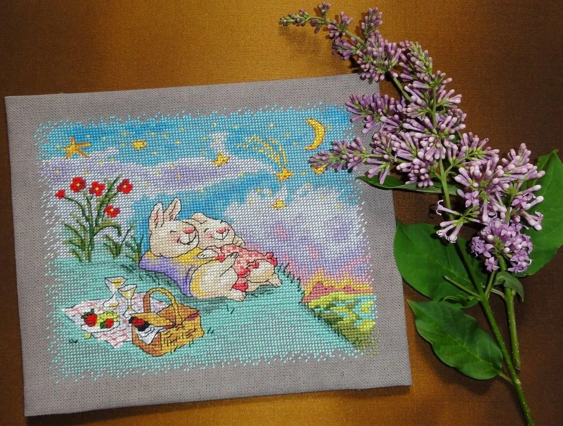 YIXIAO-Counted Cross Stitch Kit, RS Cotton, Cross Stitch, a Pair of Rabbits for Spring outing 29-27