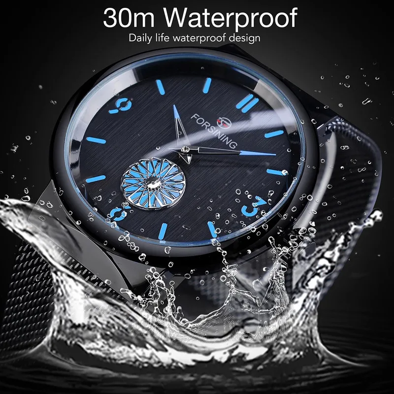 FORSINING Mechanical Watches for Men Hand Winding Minimalist Stainless Steel Mesh Band Waterproof Rotating Small Dial Mens Watch