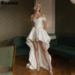 Booma High Low Wedding Dresses Off Shoulder Pleats Puff Skirts Brides Party Gowns for Women Soft Satin Bridals Gowns