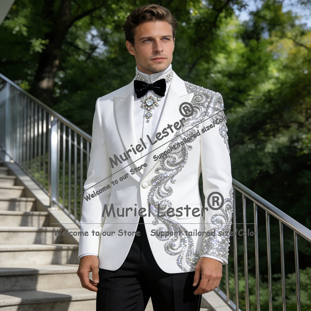 

Brilliant Beaded Stones Suits Men For Wedding 2 Piece Sets Single Breasted Jacket Pants Customized Man Banquet Attire Slim Fit
