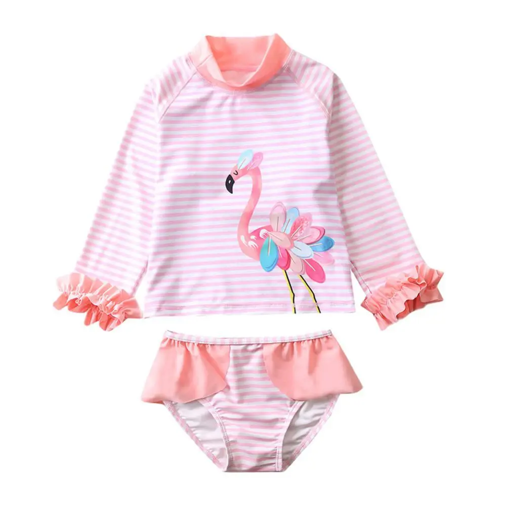 

Toddler Girls Cartoon Print Bikini with Ruffled Detail - Long Sleeve Two Pieces Kids Swimsuit for Summer Fun and Protection