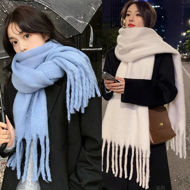 

Зимний шарф для женщин, кашемировый теплый длинный шарф, модный роскошный однотонный шарф с кисточками, пушистые мягкие толстые шарфы, подарки для пар
