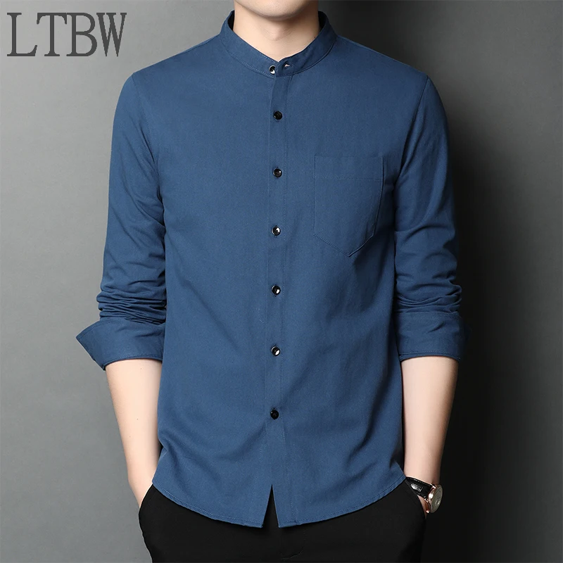 

100% Cotton Collarless Long Sleeve Men Shirt New Solid Color Luxury Business Pocket Tops Male Korean Slim Fit Casual Clothes