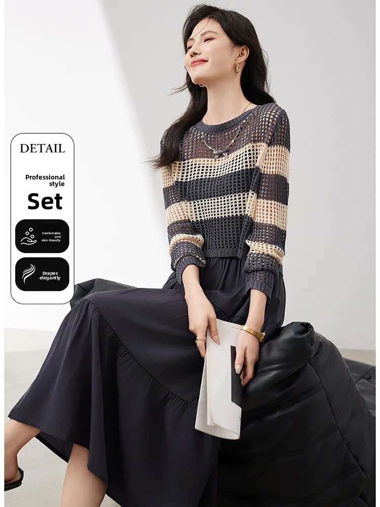 

Faionable Hollow out Knitted Two Piece Set Casual Age Defng Spring 2026 Women's Ensemble High Waist Skirt Breathable Poly...