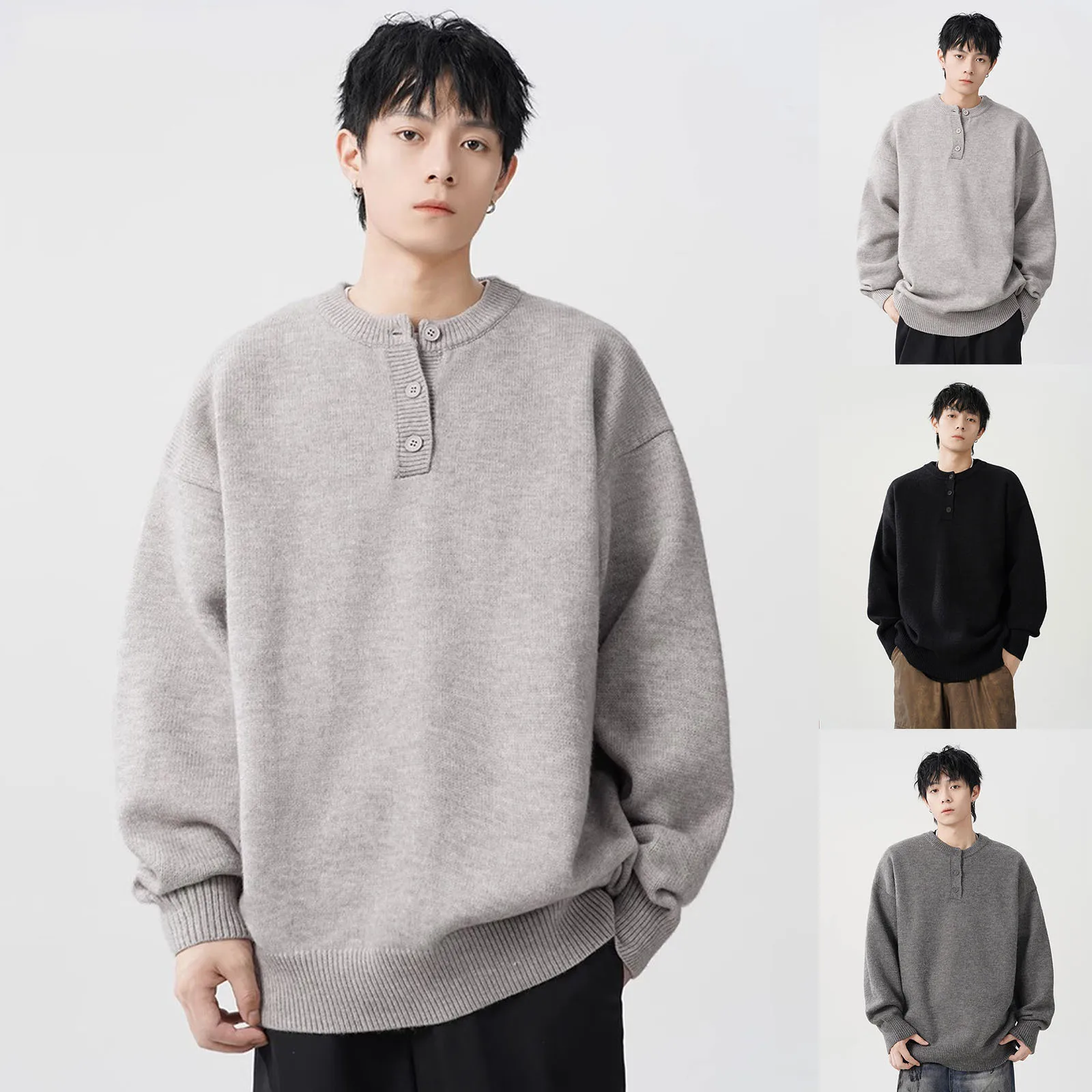 Henry Neck Sweater Men's Crew Neck Solid Color Bottomed Knitted Sweater With Loose And Lazy Outside