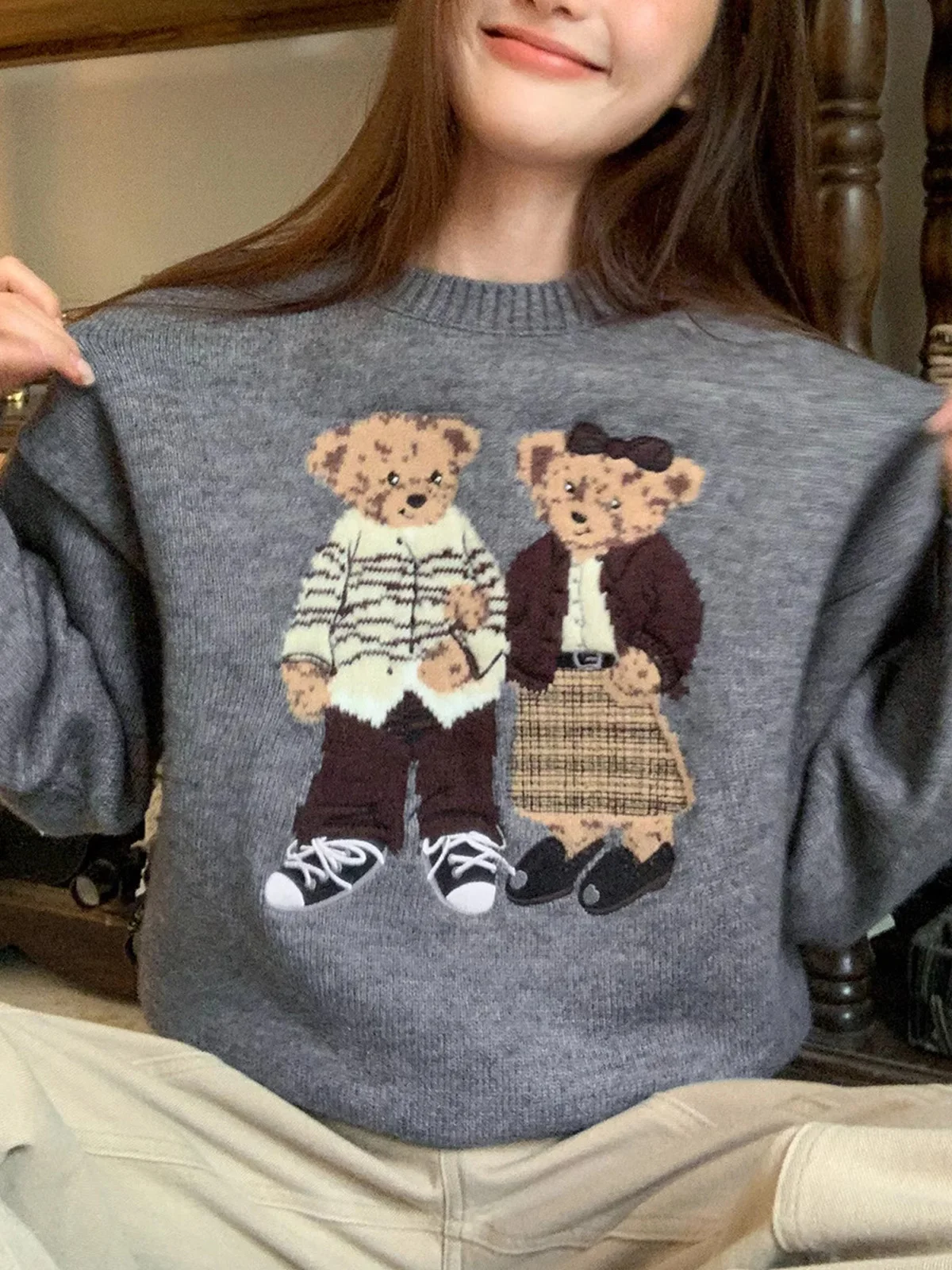 

Retro Cartoon Bear Knitted Sweater round Ne Loose Women's Autumn Winter New Sle Small Size Sweater Commute Sle Straight...