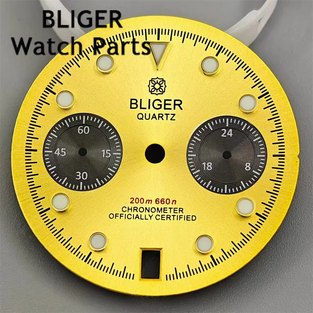 BLIGER 30mm VK64 Dial Dark Blue Gold Dial Green Luminous With 6 o 'clock Calendar Window Fit VK64 Quartz Movement