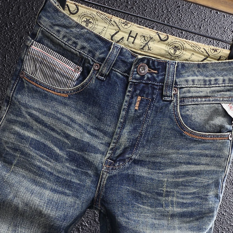 Fashion Designer Men Jeans High Quality Retro Washed Blue Elastic Slim Fit Ripped Jeans Men Trousers Vintage Denim Pants Hombre