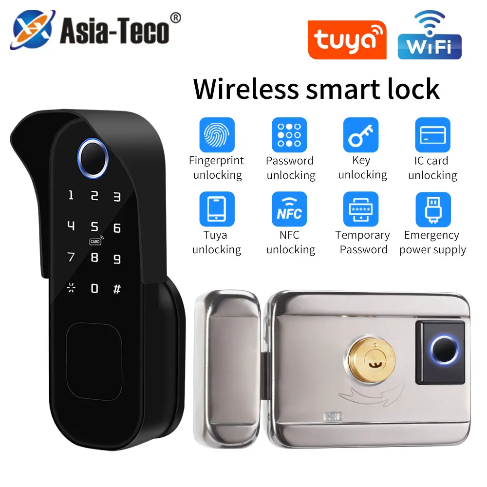 Tuya Fingerprint Door Lock Waterproof Outdoor Gate Smart Life Wifi Passcode IC Card Keyless Enter Electronic Lock with Metal Key