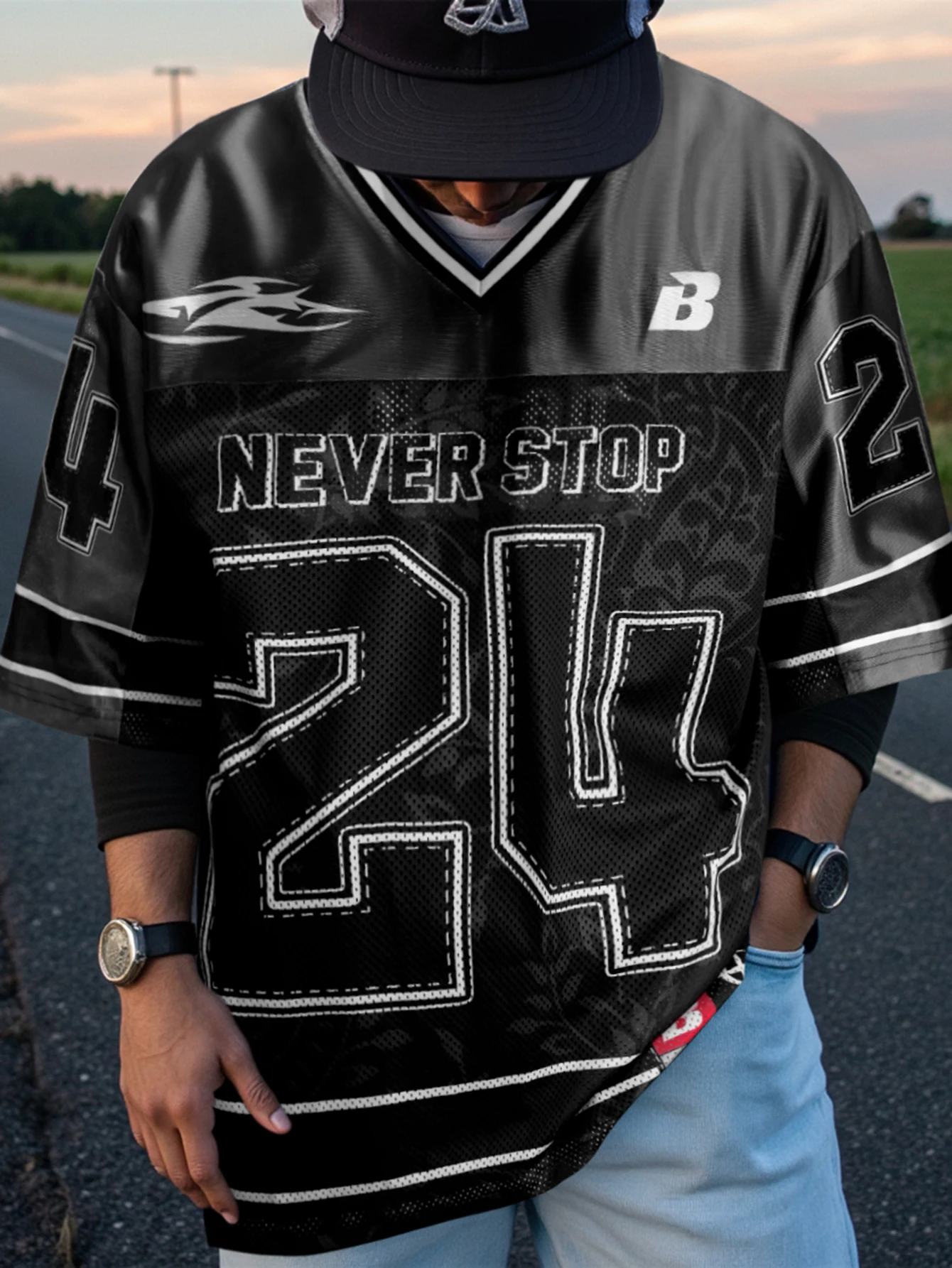 Camiseta Deportiva Extra Grande para Hombre, Marca Streetwear, Diseño de Fútbol Americano '24 Never Stop', Poliéster Negro Multicolor, Tallas S-2XL, 1 Pieza