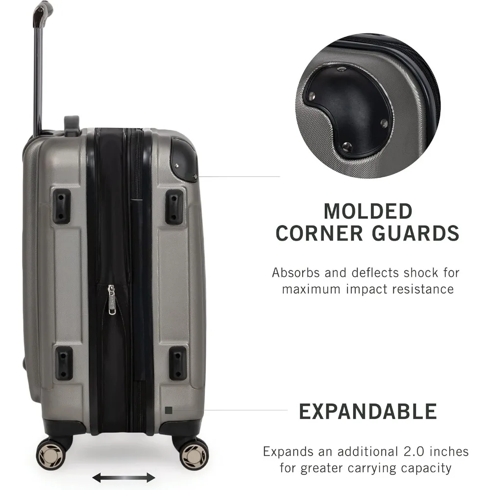 Expandable 8-Wheel Spinner Lightweight Hardside Carry-On Suitcase, Silver, 20-Inch - Perfect for Frequent Travelers