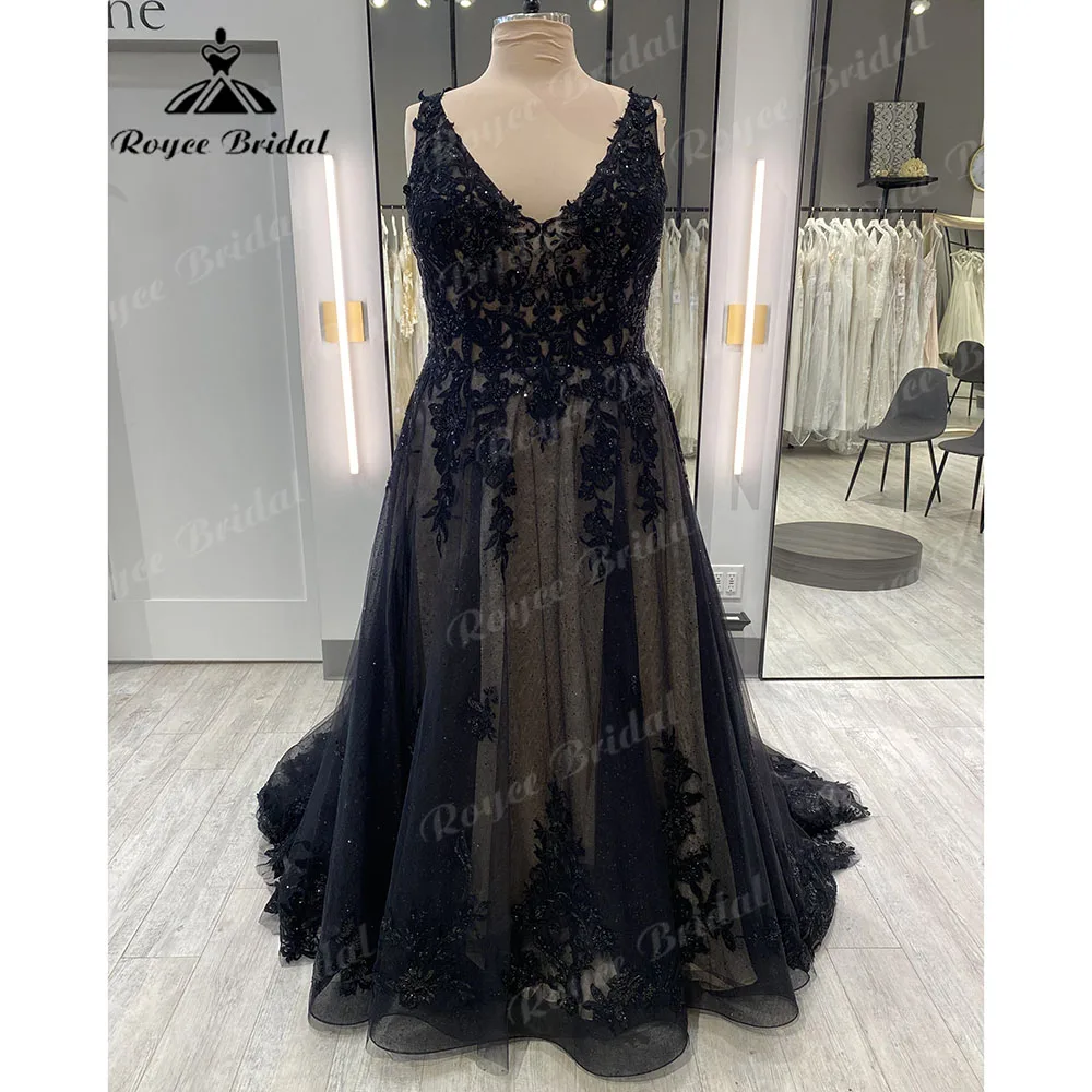 Vestido de novia gótico negro con Apliques de encaje de talla grande para novia 2025, vestido de novia sin mangas con espalda descubierta, vestido de novia personalizado